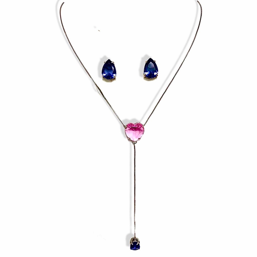 Silver Plated Pink Heart long necklace set